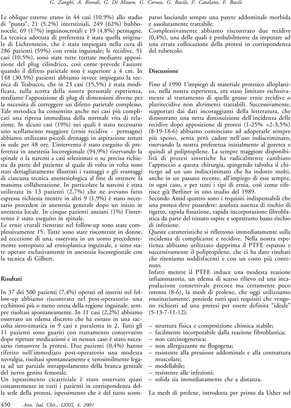 La tecnica adottata di preferenza è stata quella originale di Lichtenstein, che è stata impiegata nella cura di 286 pazienti (59%) con ernia inguinale; le recidive, 51 casi (10.