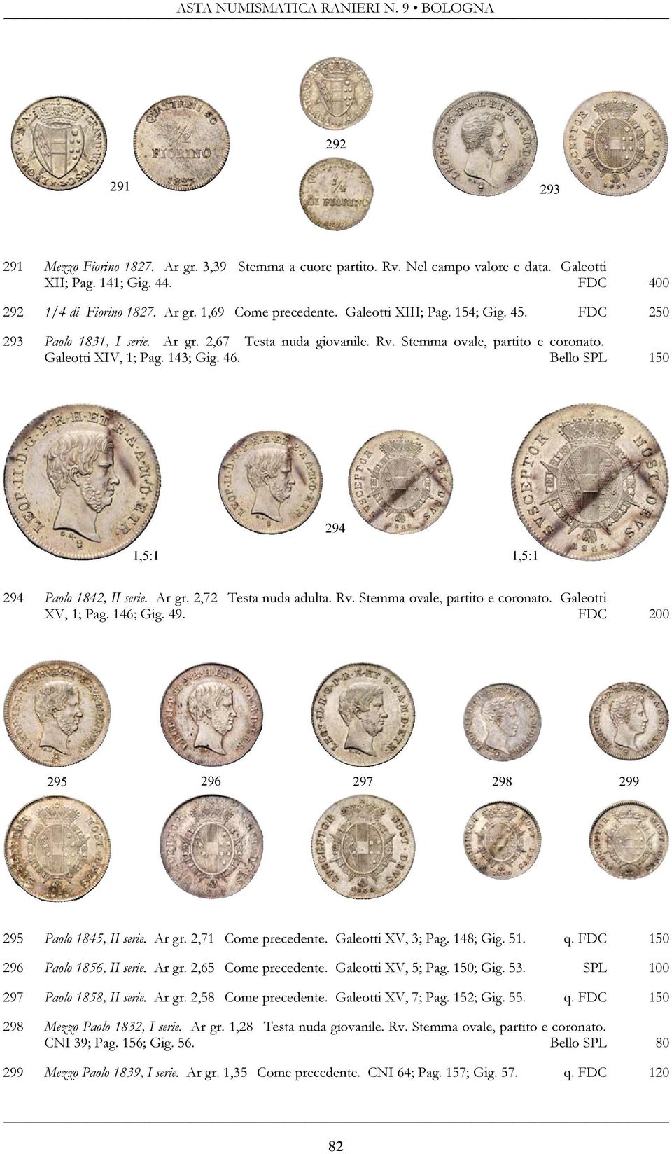 Bello SPL 150 294 Paolo 1842, II serie. Ar gr. 2,72 Testa nuda adulta. Rv. Stemma ovale, partito e coronato. Galeotti XV, 1; Pag. 146; Gig. 49. FDC 200 295 Paolo 1845, II serie. Ar gr. 2,71 Come precedente.