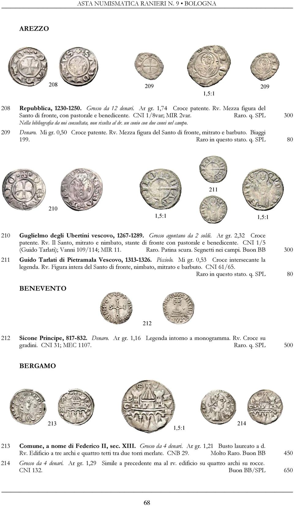 Biaggi 199. Raro in questo stato. q. SPL 80 210 Guglielmo degli Ubertini vescovo, 1267-1289. Grosso agontano da 2 soldi. Ar gr. 2,32 Croce patente. Rv.