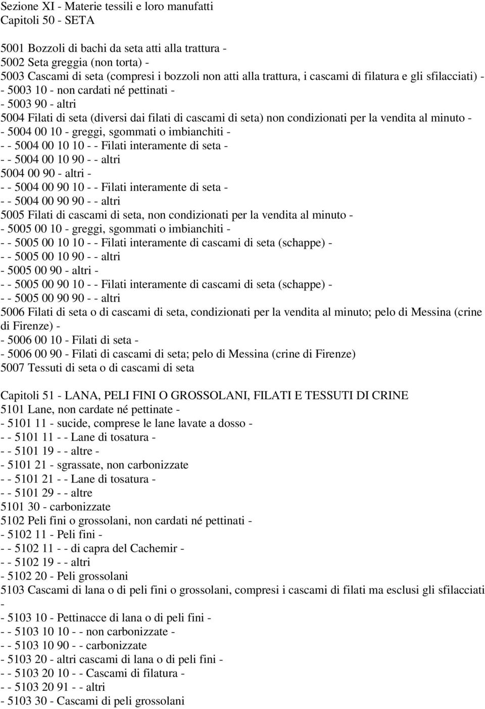 5004 00 10 greggi, sgommati o imbianchiti 5004 00 10 10 Filati interamente di seta 5004 00 10 90 altri 5004 00 90 altri 5004 00 90 10 Filati interamente di seta 5004 00 90 90 altri 5005 Filati di