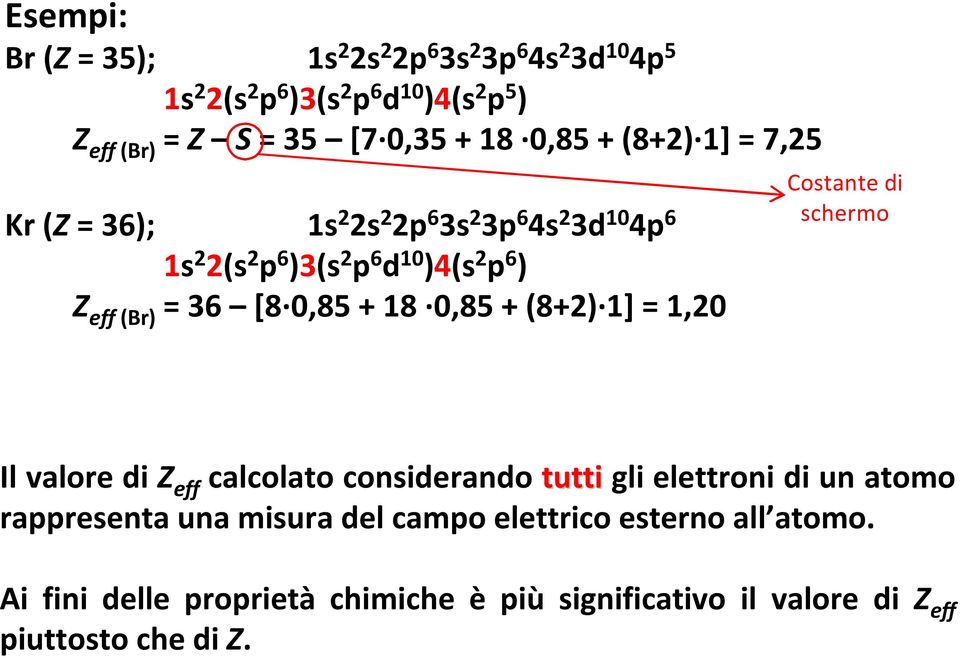 0,85 + 18 0,85 + (8+2) 1] = 1,20 Costante di schermo Il valore di Z eff calcolato considerando tutti gli elettroni di un atomo rappresenta