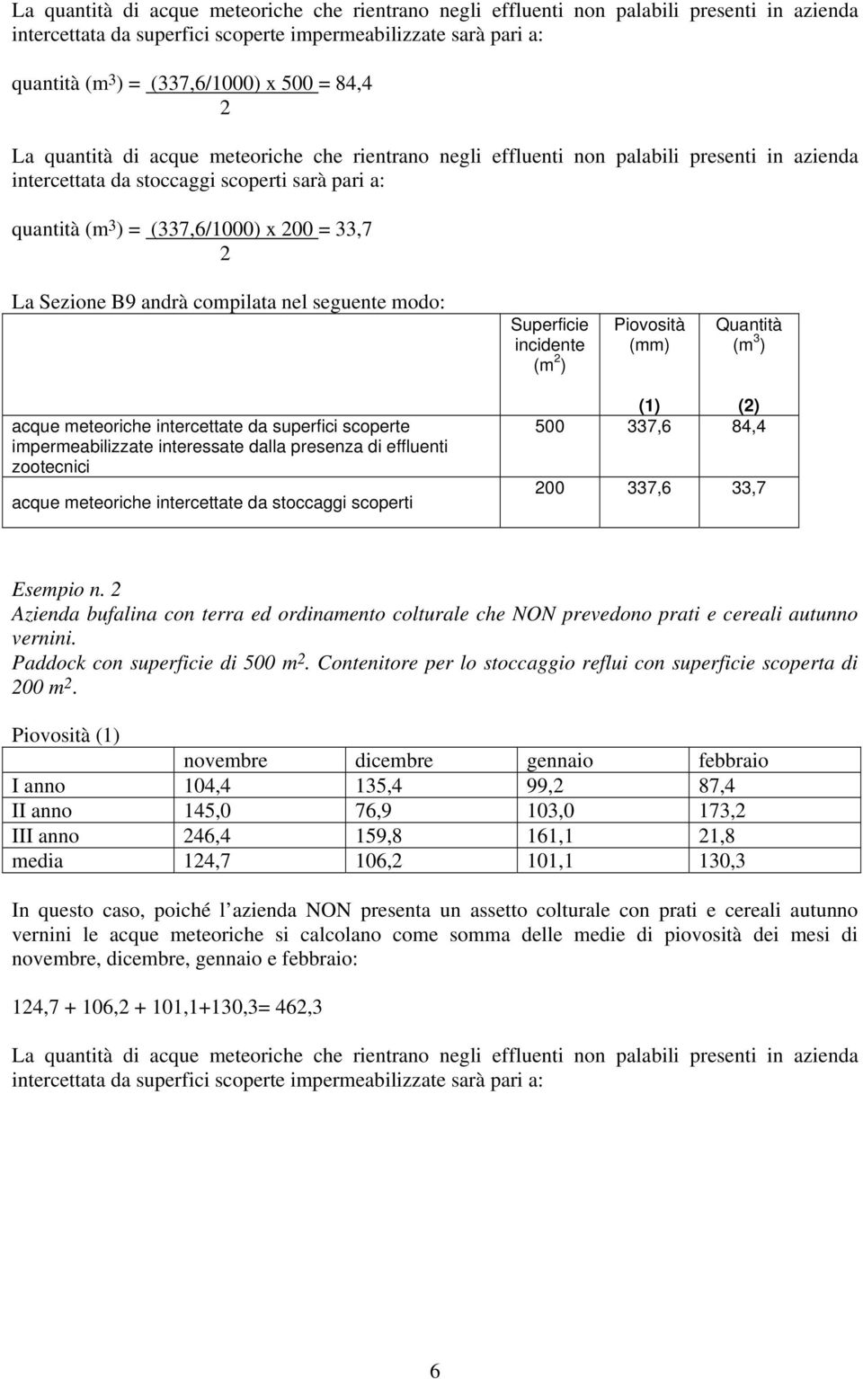 Sezione B9 andrà compilata nel seguente modo: Superficie incidente (m ) Piovosità (mm) Quantità (m 3 ) acque meteoriche intercettate da superfici scoperte impermeabilizzate interessate dalla presenza