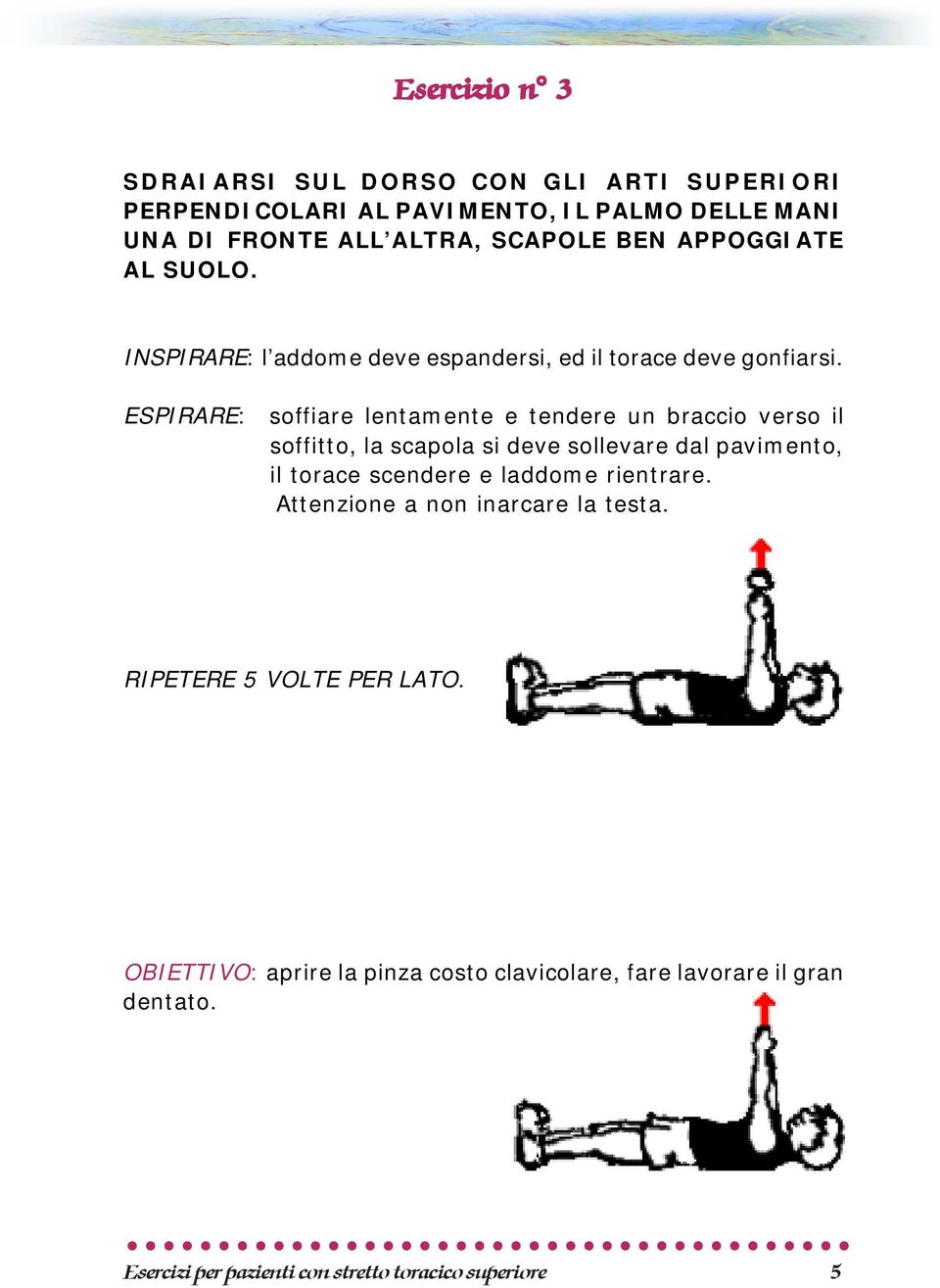 ESPIRARE: soffiare lentamente e tendere un braccio verso il soffitto, la scapola si deve sollevare dal pavimento, il torace scendere e laddome