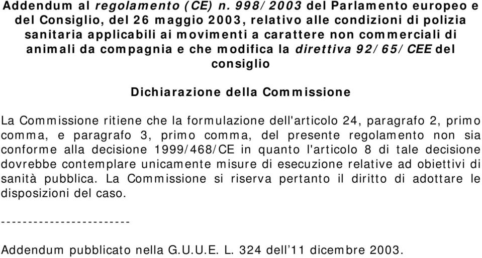 modifica la direttiva 92/65/CEE del consiglio Dichiarazione della Commissione La Commissione ritiene che la formulazione dell'articolo 24, paragrafo 2, primo comma, e paragrafo 3, primo comma, del