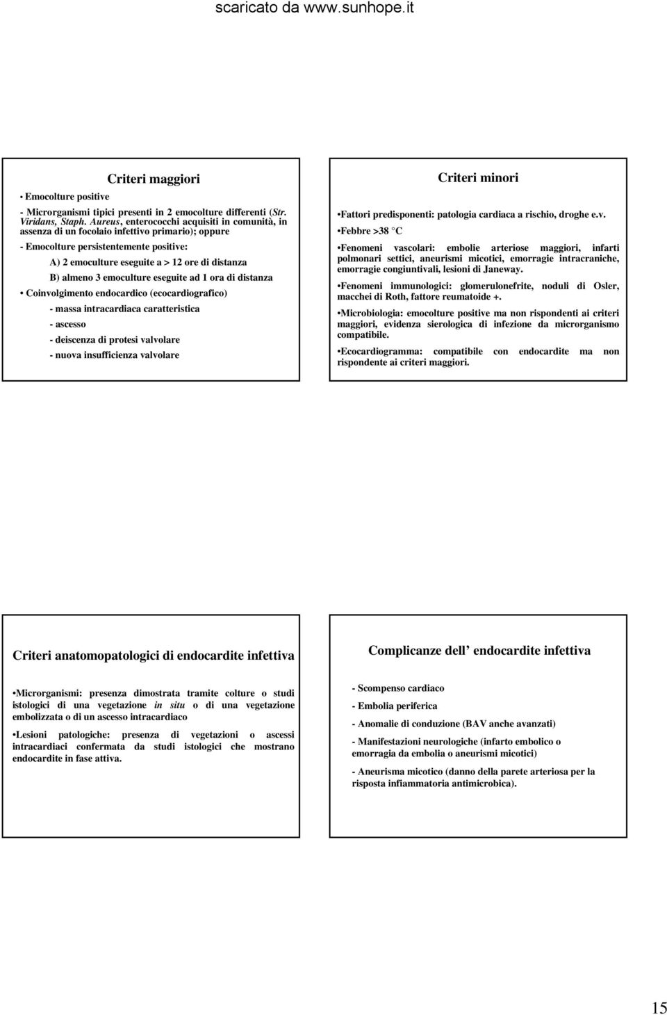 emoculture eseguite ad 1 ora di distanza Coinvolgimento endocardico (ecocardiografico) - massa intracardiaca caratteristica - ascesso - deiscenza di protesi valvolare - nuova insufficienza valvolare