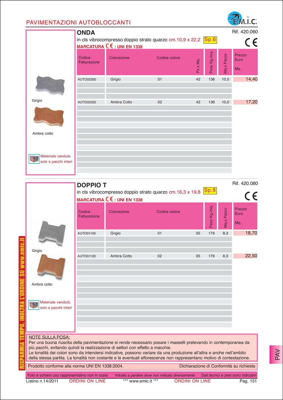 420.080 18,70 AUTO01120 Ambra Cotto 02 35 176 8,3 22,50 Per una buona riuscita della pavimentazione si rende necessario posare i masselli prelevando in contemporanea da più pacchi, evitando quindi la