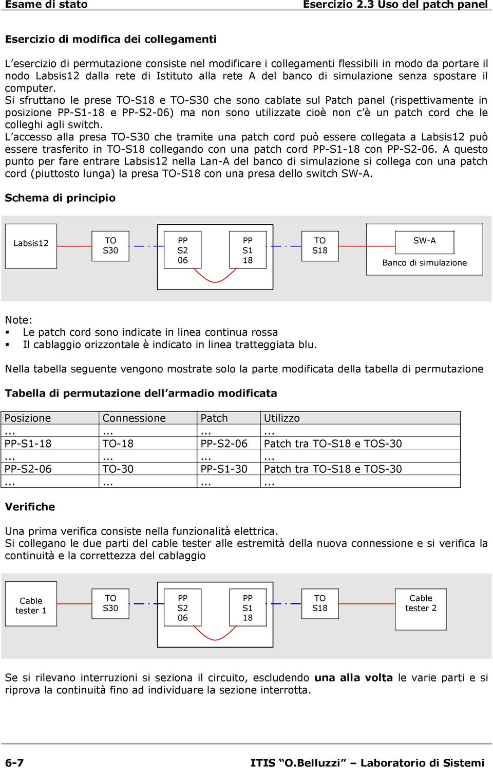 Si sfruttano le prese -S18 e -S30 che sono cablate sul Patch panel (rispettivamente in posizione -S1-18 e -S2-06) ma non sono utilizzate cioè non c è un patch cord che le colleghi agli switch.