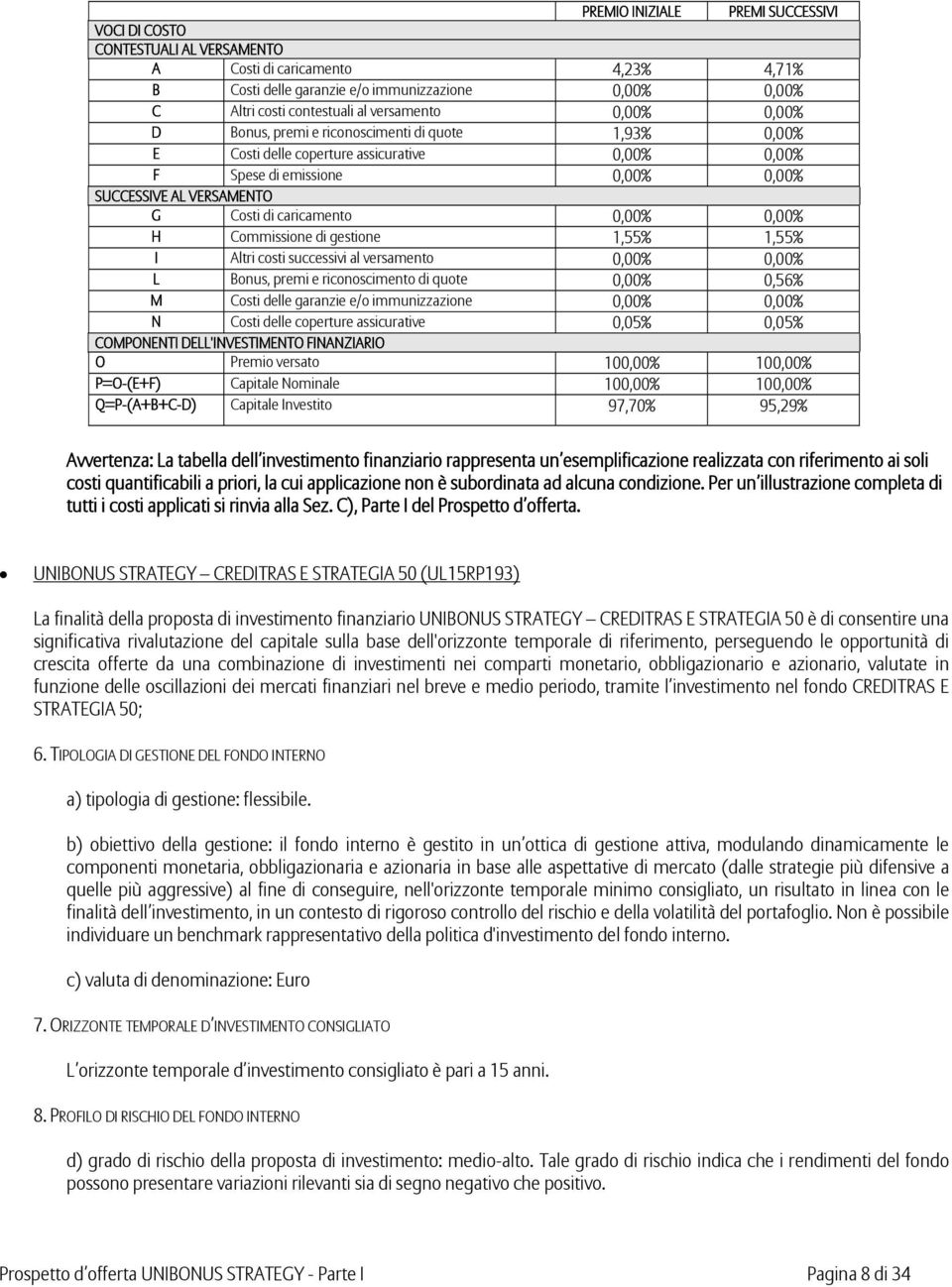 caricamento 0,00% 0,00% H Commissione di gestione 1,55% 1,55% I Altri costi successivi al versamento 0,00% 0,00% L Bonus, premi e riconoscimento di quote 0,00% 0,56% M Costi delle garanzie e/o