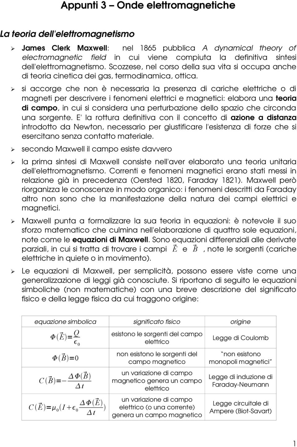 si accorge che non è necessaria la presenza di cariche elettriche o di magneti per descrivere i fenomeni elettrici e magnetici: elabora una teoria di campo, in cui si considera una perturbazione