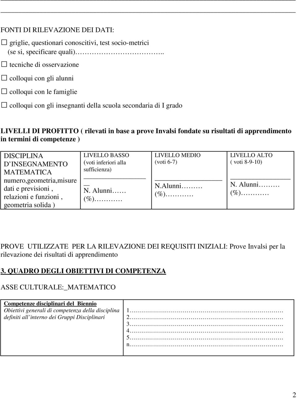 fondate su risultati di apprendimento in termini di competenze ) DISCIPLINA D INSEGNAMENTO MATEMATICA numero,geometria,misure dati e previsioni, relazioni e funzioni, geometria solida ) LIVELLO BASSO