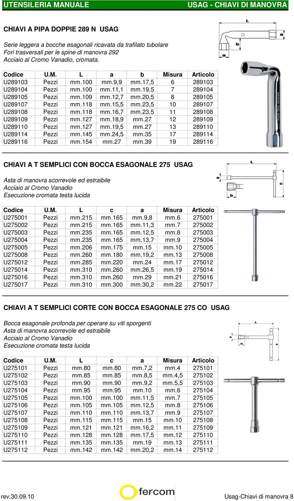 23,5 11 289108 U289109 Pezzi mm.127 mm.18,9 mm.27 12 289109 U289110 Pezzi mm.127 mm.19,5 mm.27 13 289110 U289114 Pezzi mm.145 mm.24,5 mm.35 17 289114 U289116 Pezzi mm.154 mm.27 mm.39 19 289116 CHIAVI A T SEMPLICI CON BOCCA ESAGONALE 275 USAG Asta di manovra scorrevole ed estraibile testa lucida Codice U.