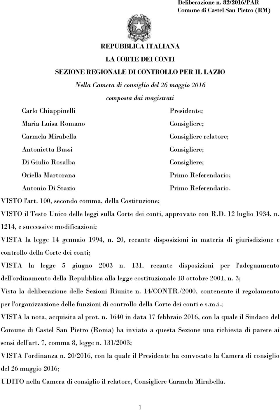 Carlo Chiappinelli Presidente; Maria Luisa Romano Carmela Mirabella Consigliere relatore; Antonietta Bussi Di Giulio Rosalba Oriella Martorana Primo Referendario; Antonio Di Stazio Primo Referendario.