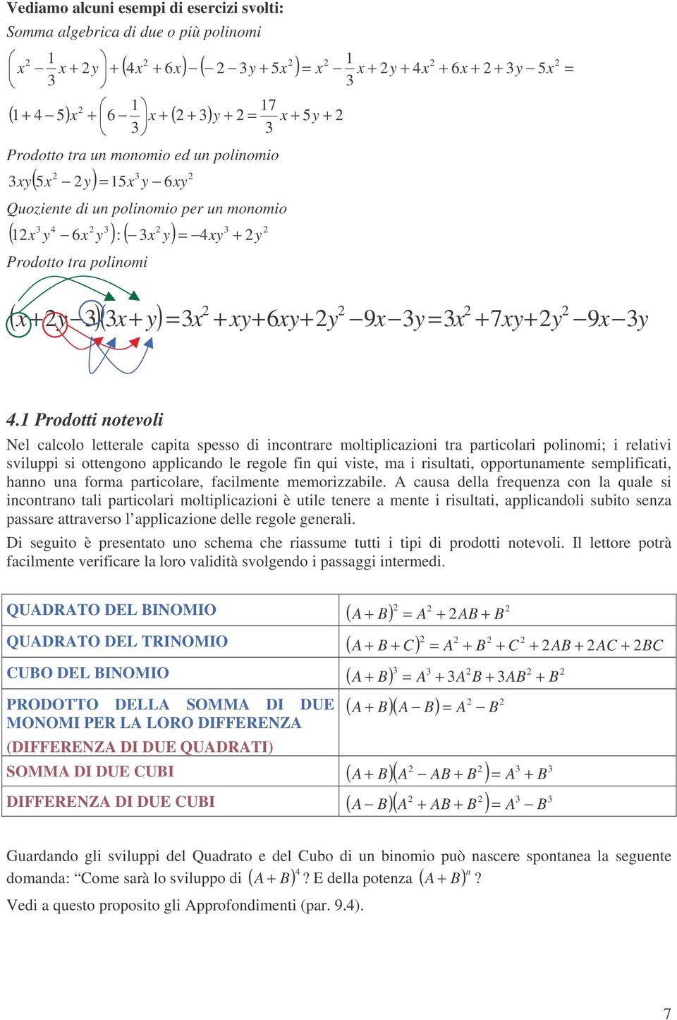 Prodotti notevoli Nel clcolo letterle cpit spesso di incontrre moltipliczioni tr prticolri polinomi; i reltivi sviluppi si ottengono pplicndo le regole fin qui viste, m i risultti, opportunmente