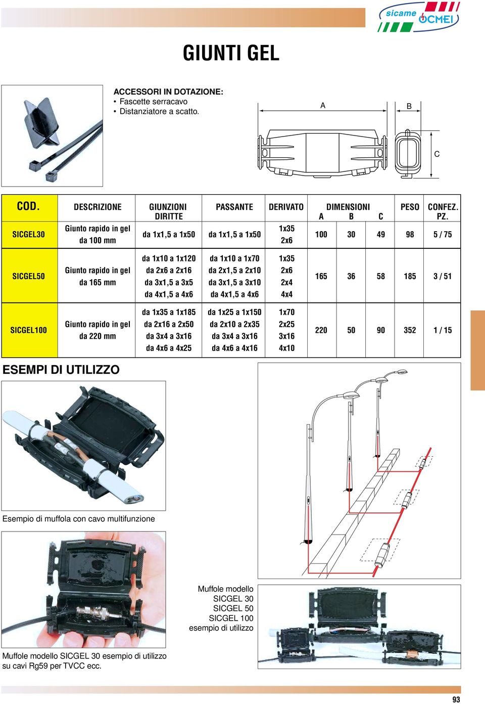 SICGEL50 165 36 58 185 3 / 51 da 165 mm da 3x1,5 a 3x5 da 3x1,5 a 3x10 2x4 da 4x1,5 a 4x6 da 4x1,5 a 4x6 4x4 da 1x35 a 1x185 da 1x25 a 1x150 1x70 Giunto rapido in gel da 2x16 a 2x50 da 2x10 a 2x35