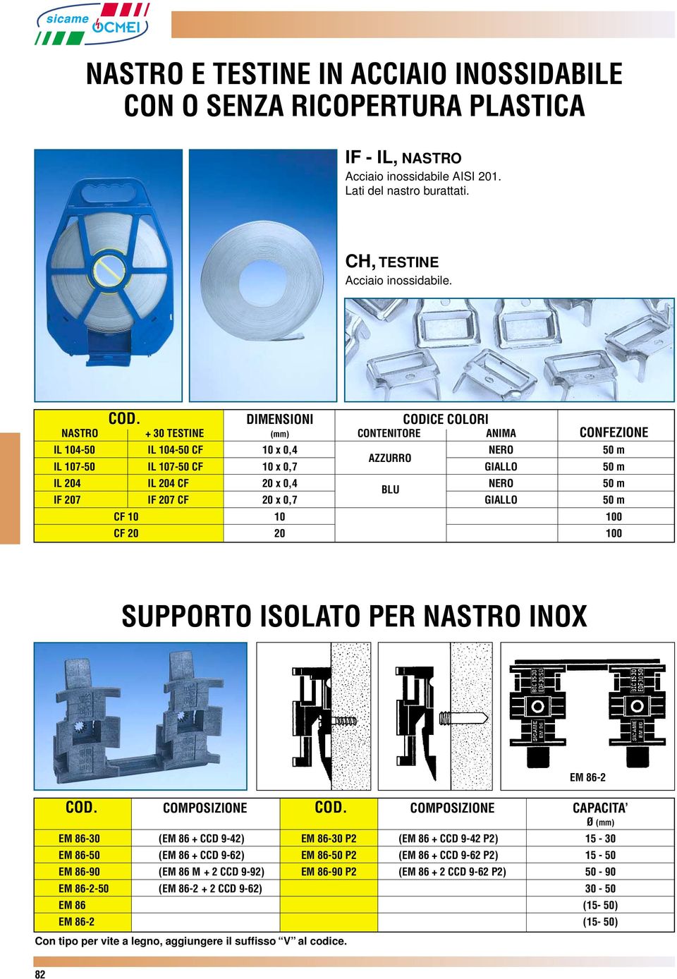 NERO 50 m BLU IF 207 IF 207 CF 20 x 0,7 GIALLO 50 m CF 10 10 100 CF 20 20 100 SUPPORTO ISOLATO PER NASTRO INOX COD. COMPOSIZIONE COD.