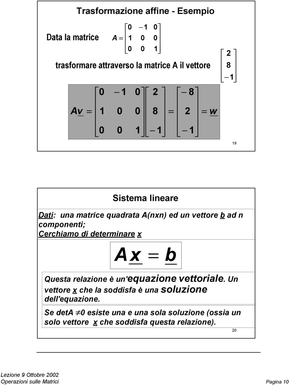 un'equzione vettorile. Un vettore che l soddisf è un soluzione dell'equzione.