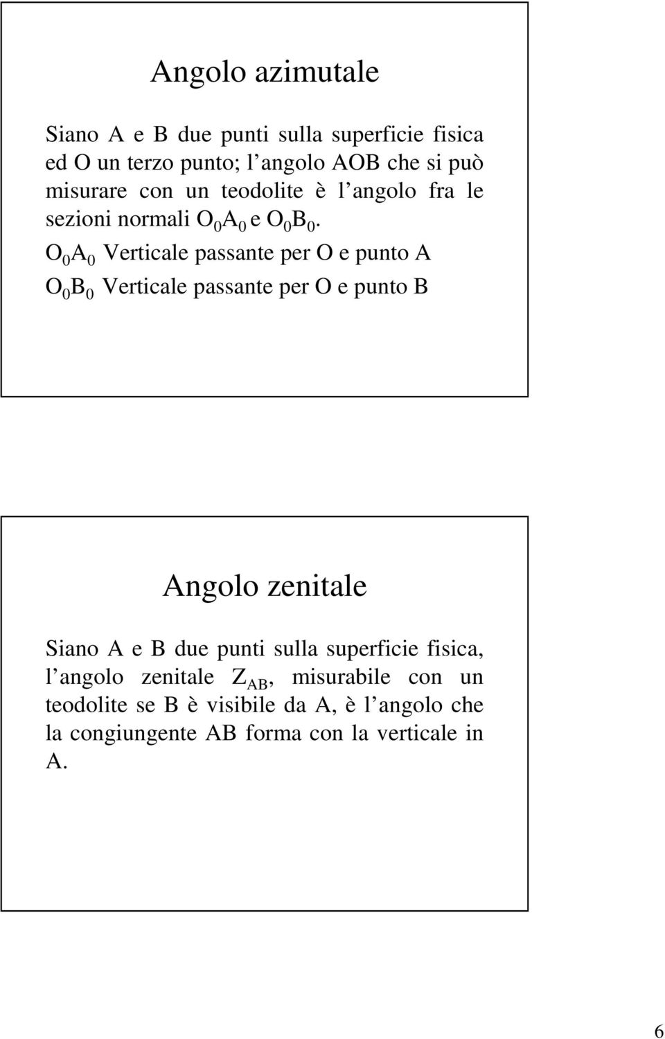 O 0 A 0 Verticale passante per O e punto A O 0 B 0 Verticale passante per O e punto B Angolo zenitale Siano A e B due