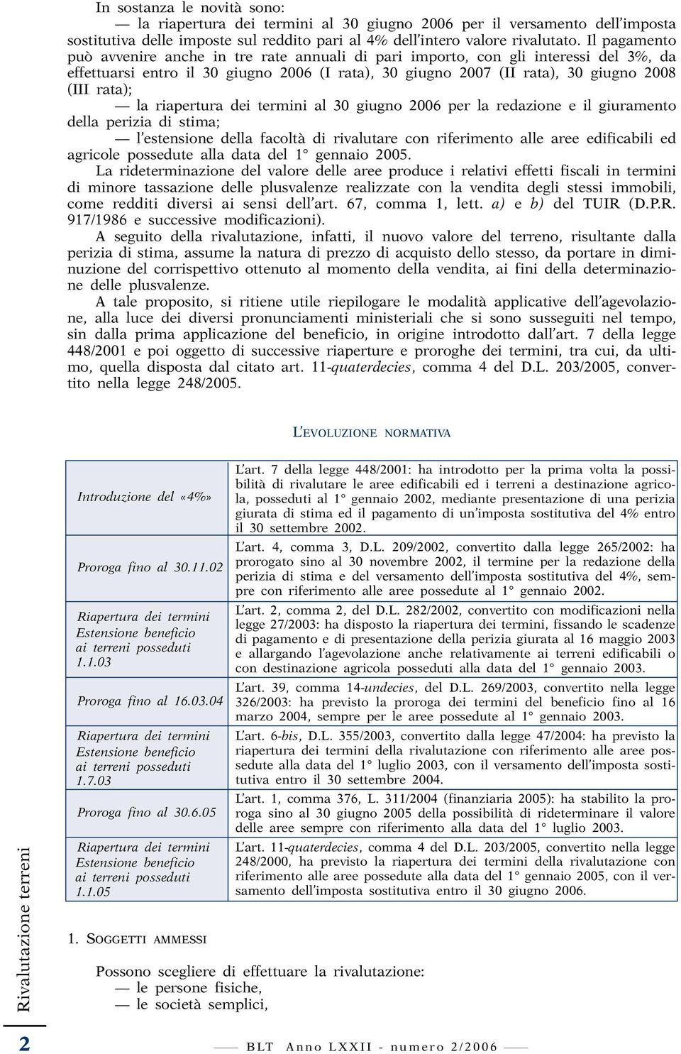 riapertura dei termini al 30 giugno 2006 per la redazione e il giuramento della perizia di stima; l estensione della facoltà di rivalutare con riferimento alle aree edificabili ed agricole possedute