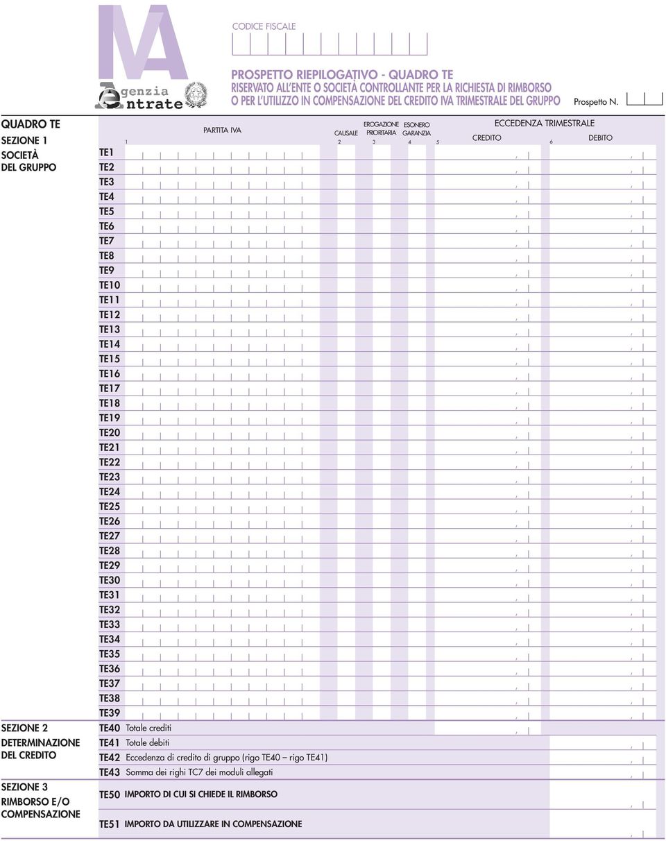 TE TE TE6 TE7 TE8 TE9 TE30 TE3 TE3 TE33 TE3 TE3 TE36 TE37 TE38 TE39 TE0 TE TE PARTITA IVA CAUSALE Totale crediti Totale debiti Eccedenza di credito di gruppo (rigo TE0 rigo TE) TE3 Somma dei