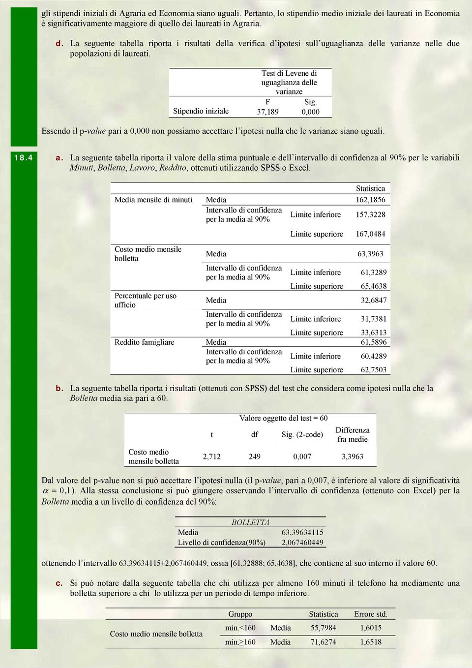 La seguente tabella riporta il valore della stima puntuale e dell intervallo di confidenza al 9% per le variabili Minuti, Bolletta, Lavoro, Reddito, ottenuti utilizzando SPSS o Excel.