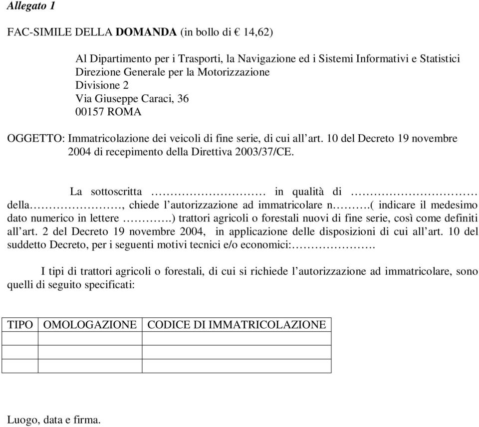 La sottoscritta in qualità di della, chiede l autorizzazione ad immatricolare n.( indicare il medesimo dato numerico in lettere.