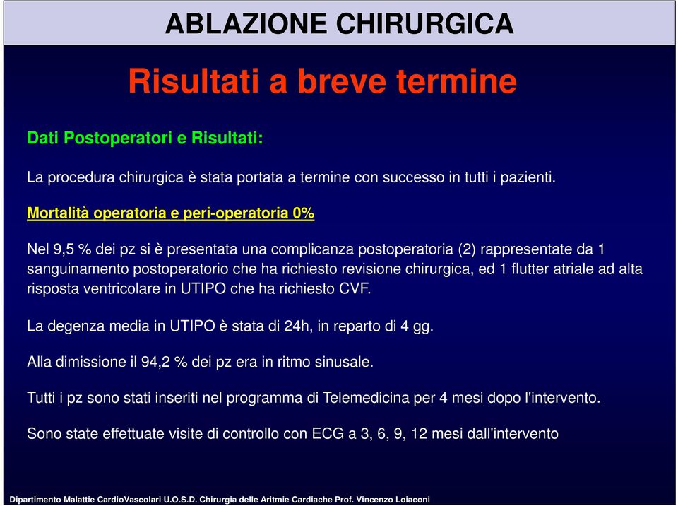 Mortalità operatoria e peri-operatoria 0% Nel 9,5 % dei pz si è presentata una complicanza postoperatoria (2) rappresentate da 1 sanguinamento postoperatorio che ha richiesto revisione chirurgica, ed