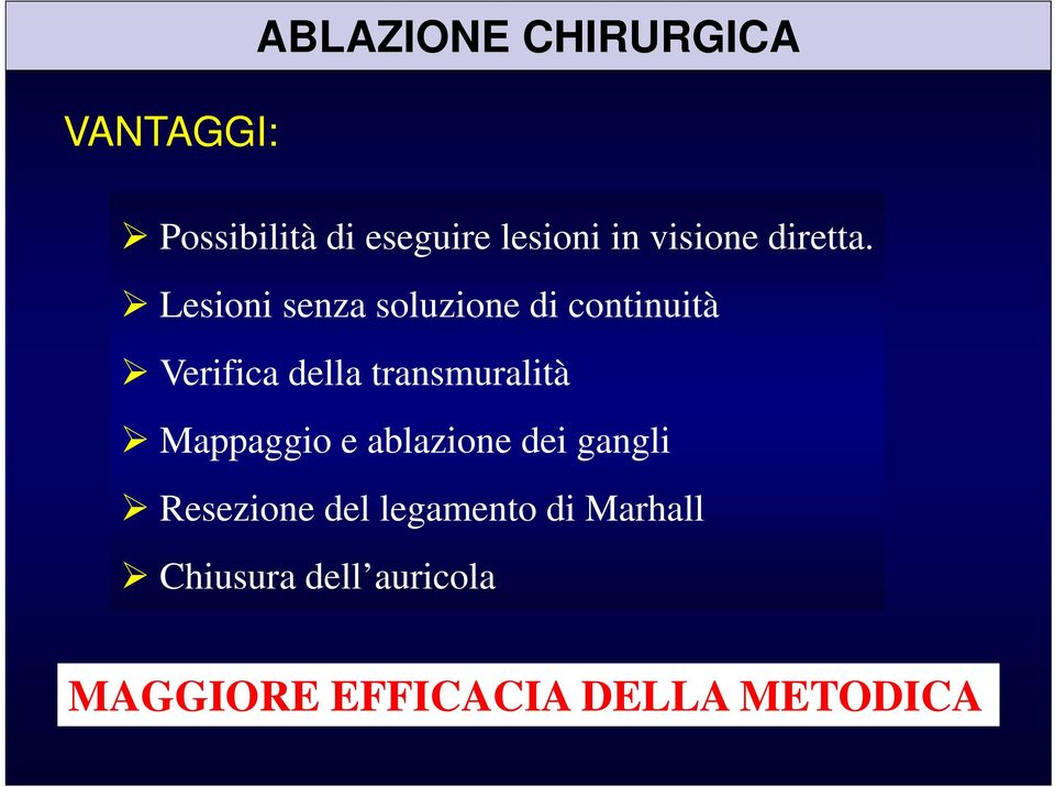 transmuralità Mappaggio e ablazione dei gangli Resezione del