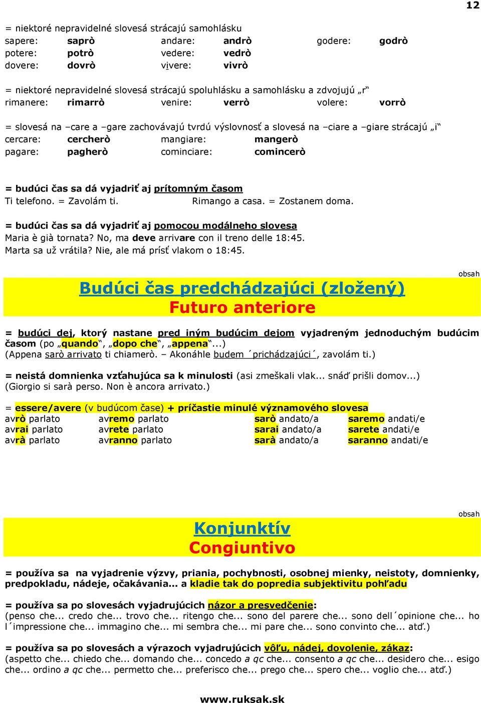 mangiare: mangerò pagare: pagherò cominciare: comincerò = budúci čas sa dá vyjadriť aj prítomným časom Ti telefono. = Zavolám ti. Rimango a casa. = Zostanem doma.