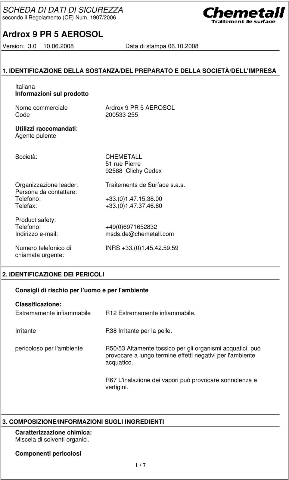 60 Product safety: Telefono: +49(0)6971652832 Indirizzo e-mail: msds.de@chemetall.com Numero telefonico di chiamata urgente: INRS +33.(0)1.45.42.59.59 2.