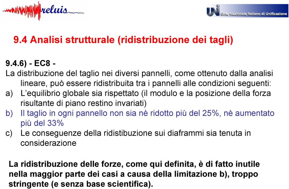 invariati) b) Il taglio in ogni pannello non sia nè ridotto più del 25%, nè aumentato più del 33% c) Le conseguenze della ridistibuzione sui diaframmi sia tenuta in