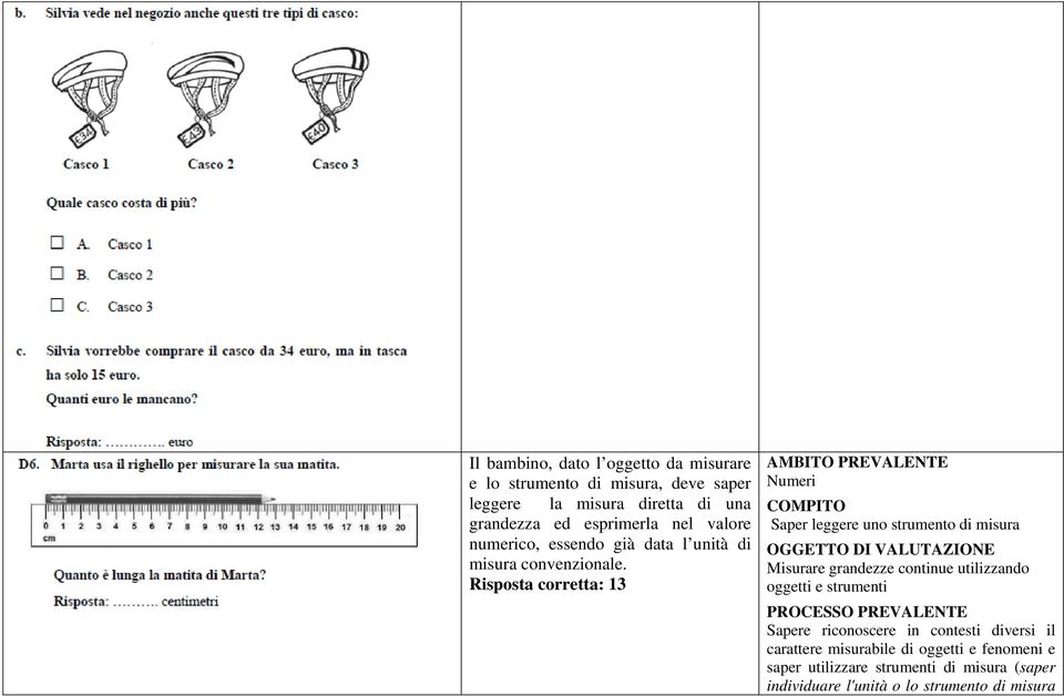 Risposta corretta: 13 Saper leggere uno strumento di misura Misurare grandezze continue utilizzando oggetti e strumenti