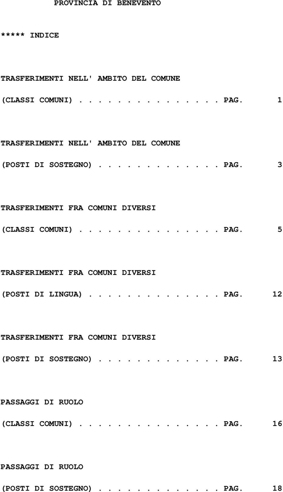 .............. PAG. 5 TRASFERIMENTI FRA COMUNI DIVERSI (POSTI DI LINGUA).............. PAG. 12 TRASFERIMENTI FRA COMUNI DIVERSI (POSTI DI SOSTEGNO).