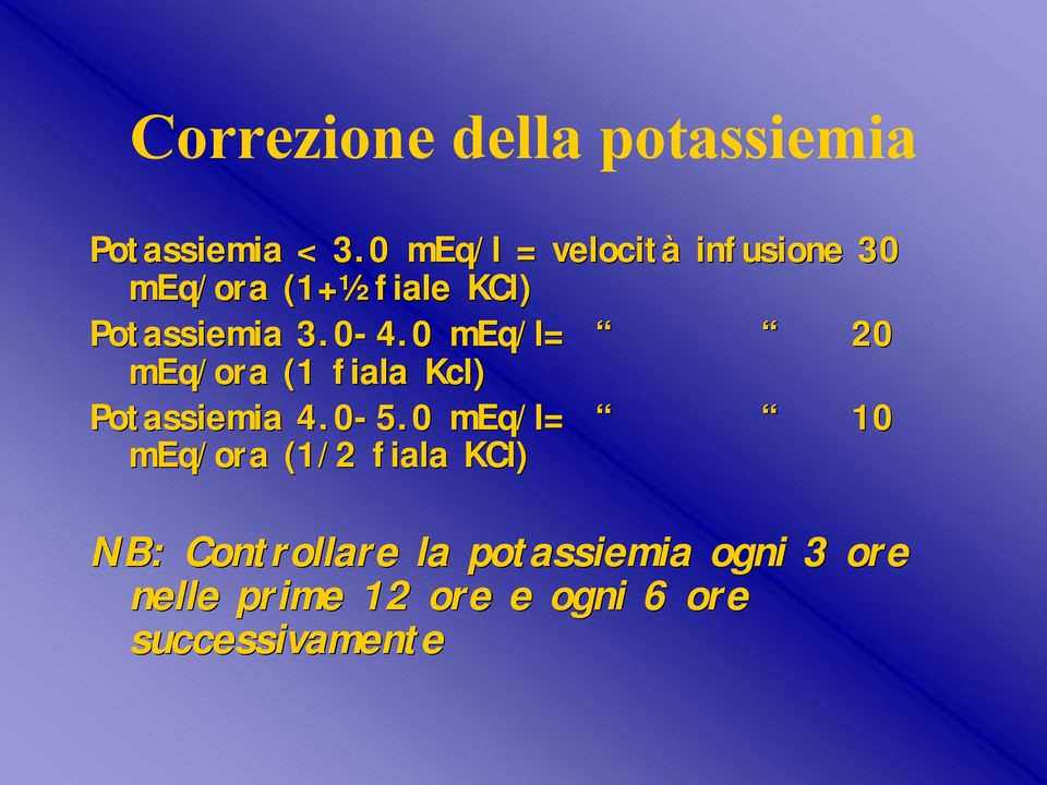 0 meq/l= 20 meq/ora (1 fiala Kcl) Potassiemia 4.0-5.