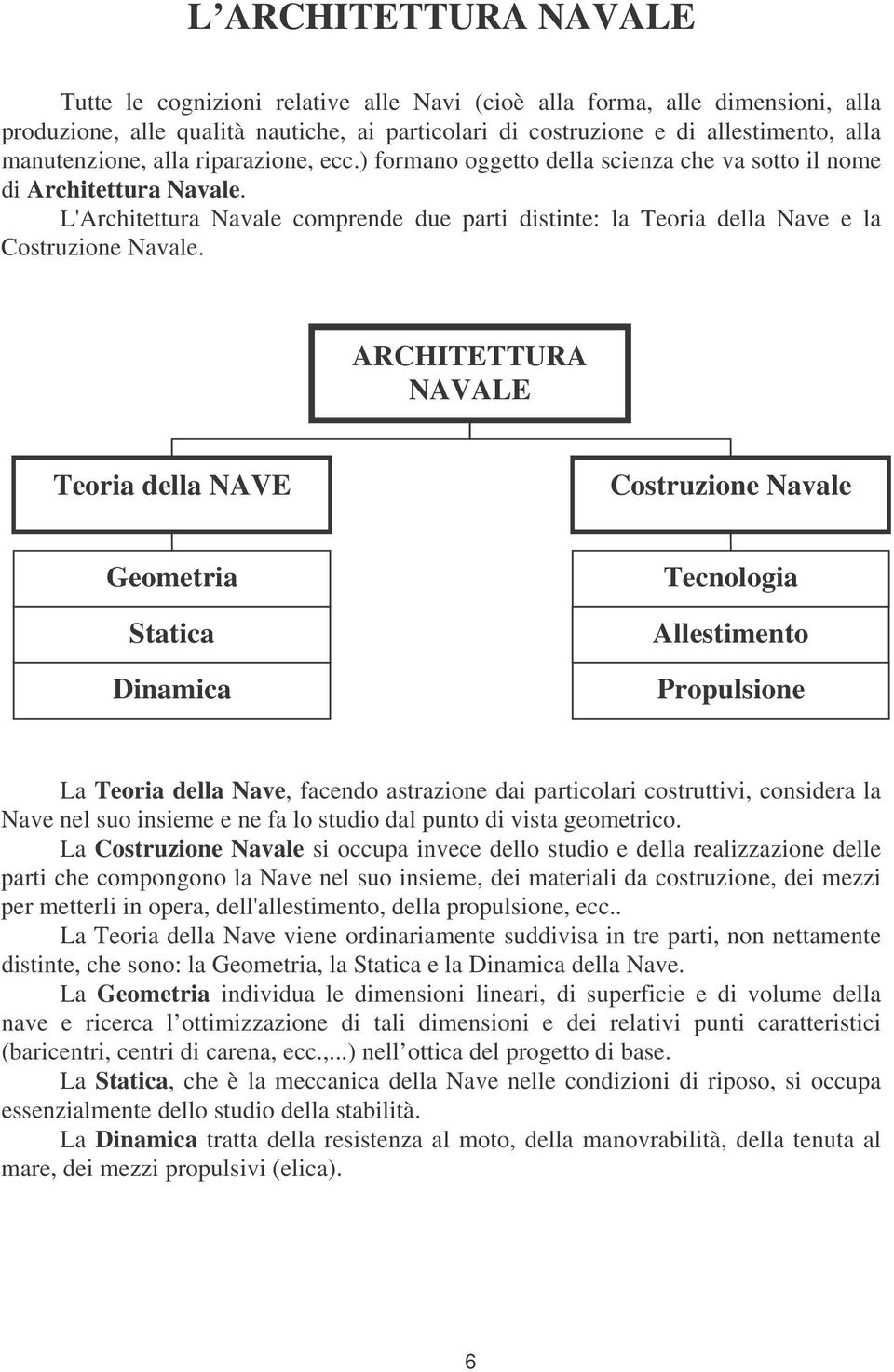 L'Architettura Navale comprende due parti distinte: la Teoria della Nave e la Costruzione Navale.