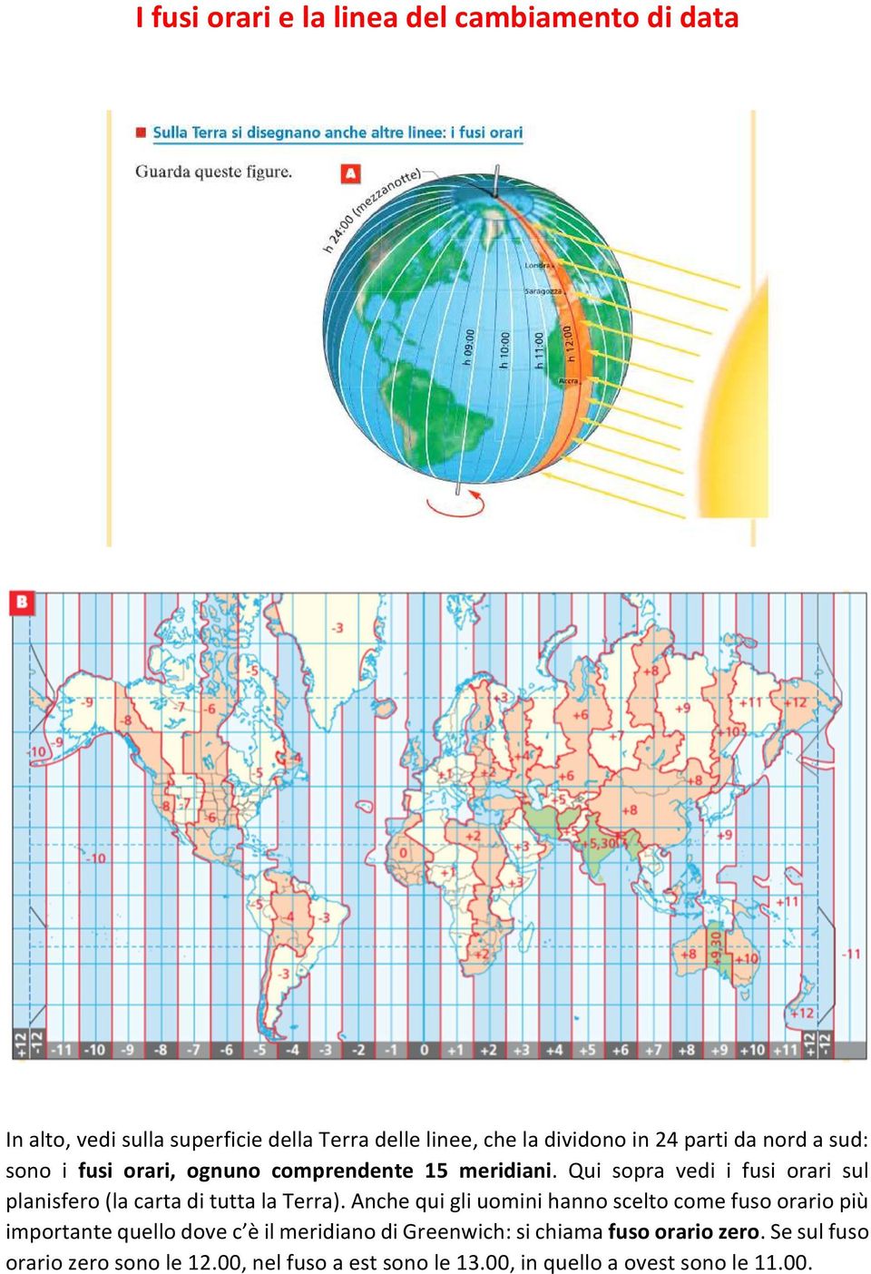 Qui sopra vedi i fusi orari sul planisfero (la carta di tutta la Terra).