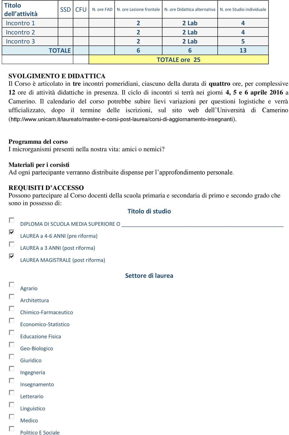 della durata di quattro ore, per complessive 12 ore di attività didattiche in presenza. Il ciclo di incontri si terrà nei giorni 4, 5 e 6 aprile 2016 a Camerino.