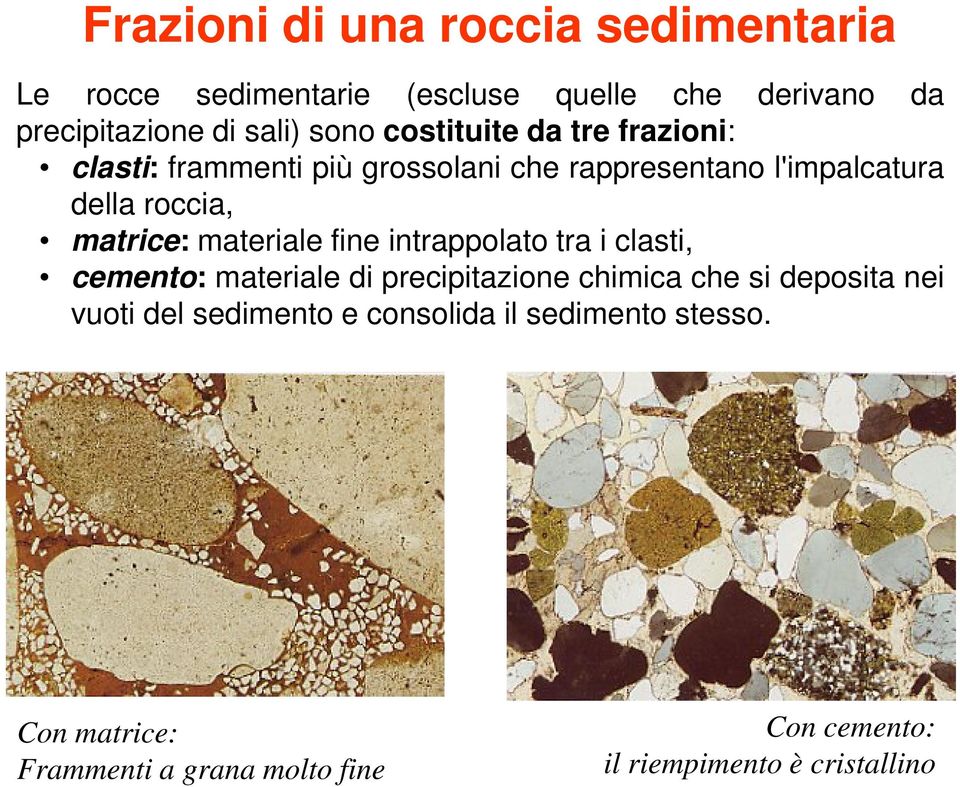 materiale fine intrappolato tra i clasti, cemento: materiale di precipitazione chimica che si deposita nei vuoti del