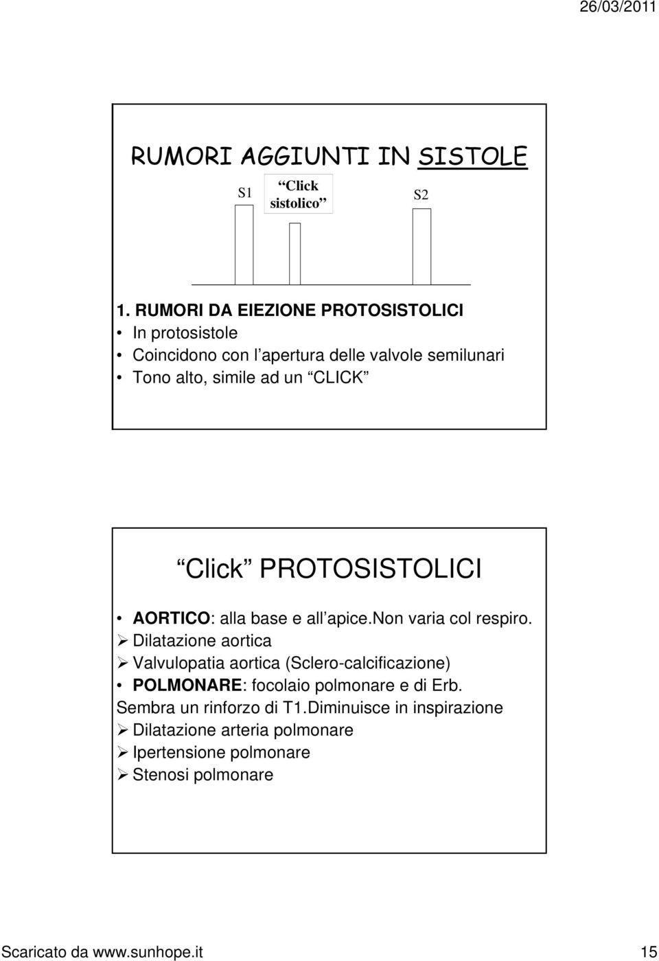 CLICK Click PROTOSISTOLICI AORTICO: alla base e all apice.non varia col respiro.