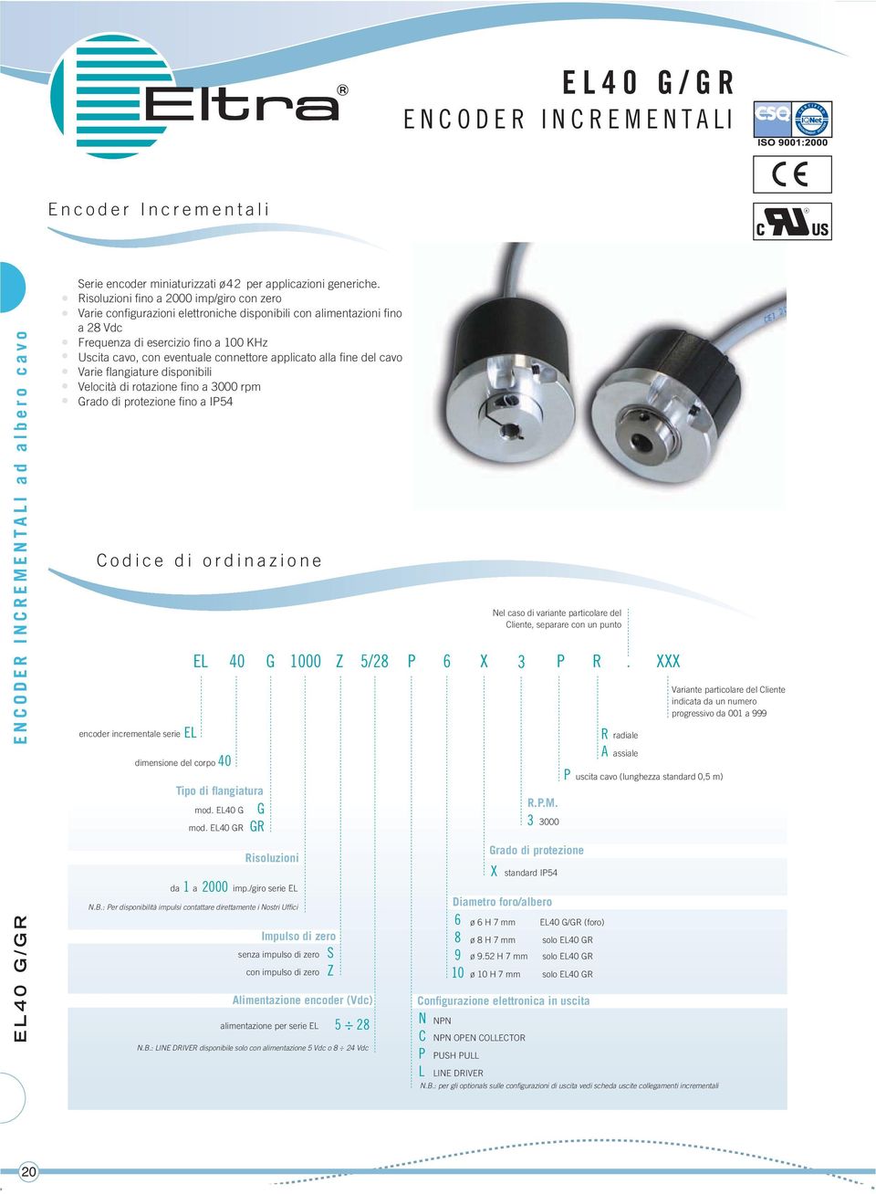 applicato alla fi ne del cavo Varie fl angiature disponibili Velocità di rotazione fi no a 3000 rpm fi no a IP54 Codice di ordinazione encoder incrementale serie dimensione del corpo 40 EL 40 G 1000