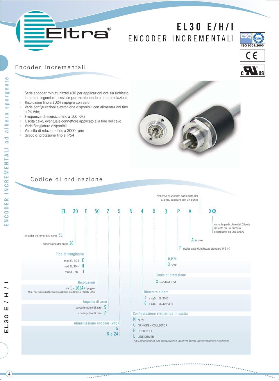 100 KHz Uscita cavo; eventuale connettore applicato alla fi ne del cavo Varie fl angiature disponibili Velocità di rotazione fi no a 3000 rpm; fi no a IP54 Codice di ordinazione encoder incrementale