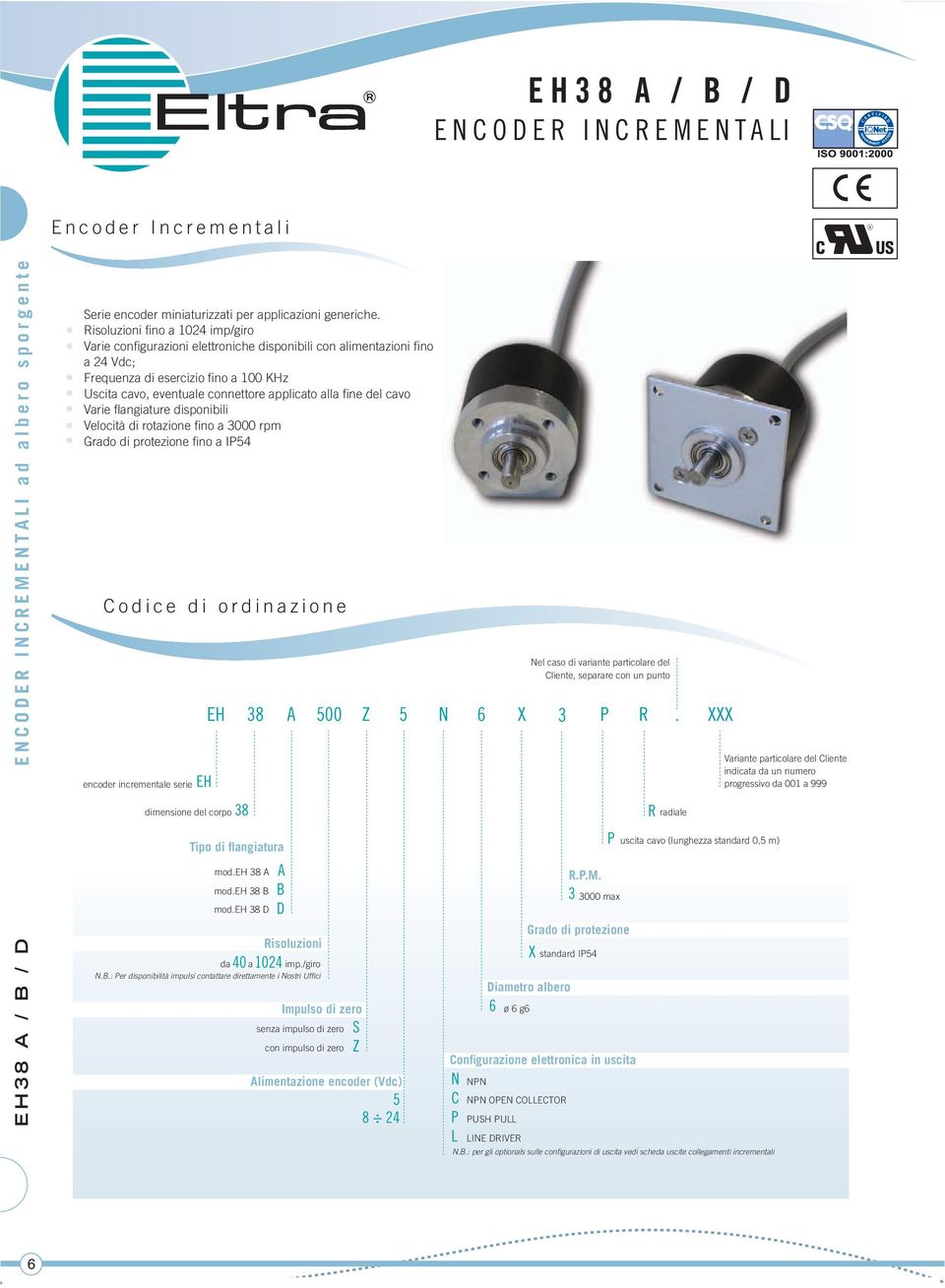 alla fi ne del cavo Varie fl angiature disponibili Velocità di rotazione fi no a 3000 rpm fi no a IP54 Codice di ordinazione encoder incrementale serie EH 38 A 500 Z 5 N 6 X 3 P R.