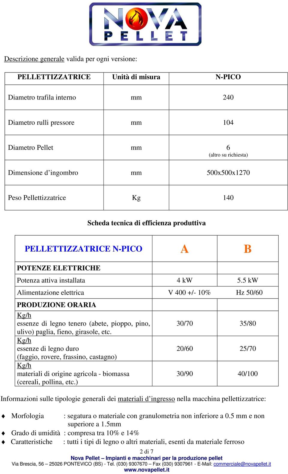 5 kw Alimentazione elettrica V 400 +/- 10% Hz 50/60 PRODUZIONE ORARIA essenze di legno tenero (abete, pioppo, pino, ulivo) paglia, fieno, girasole, etc.