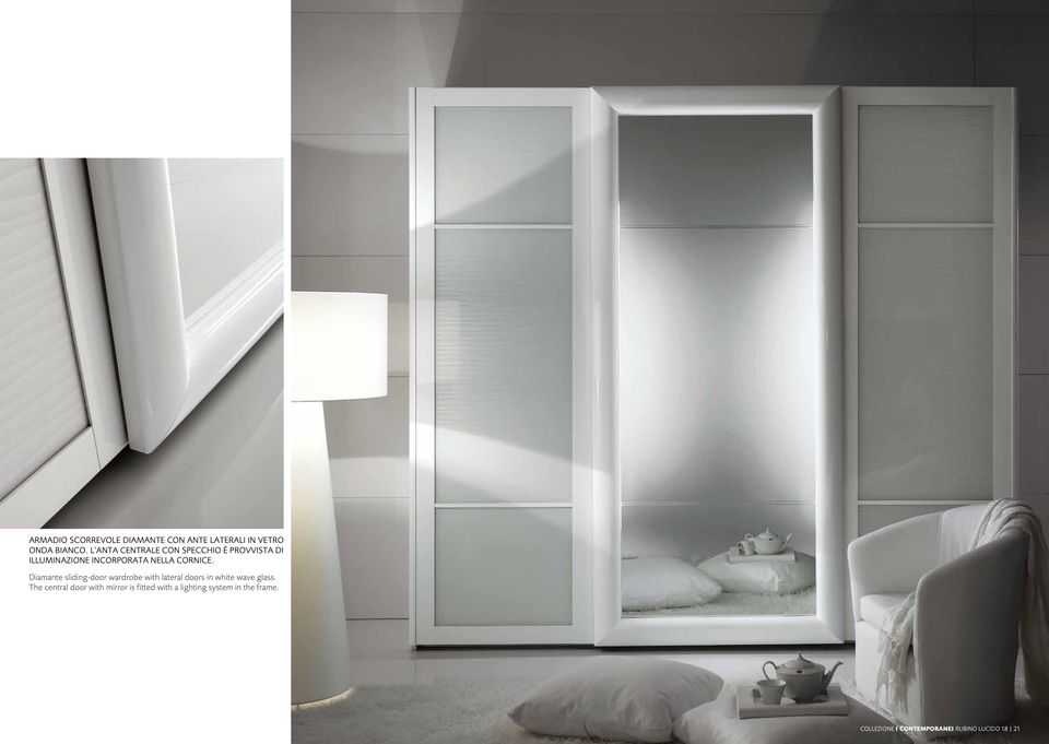 Diamante sliding-door wardrobe with lateral doors in white wave glass.