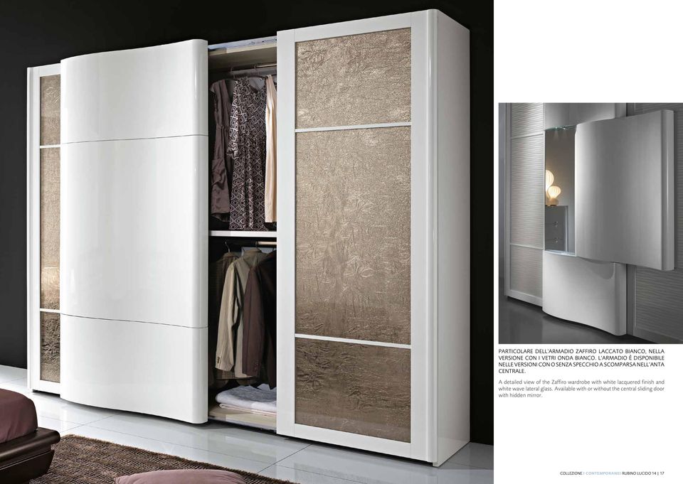 A detailed view of the Zaffiro wardrobe with white lacquered finish and white wave lateral glass.