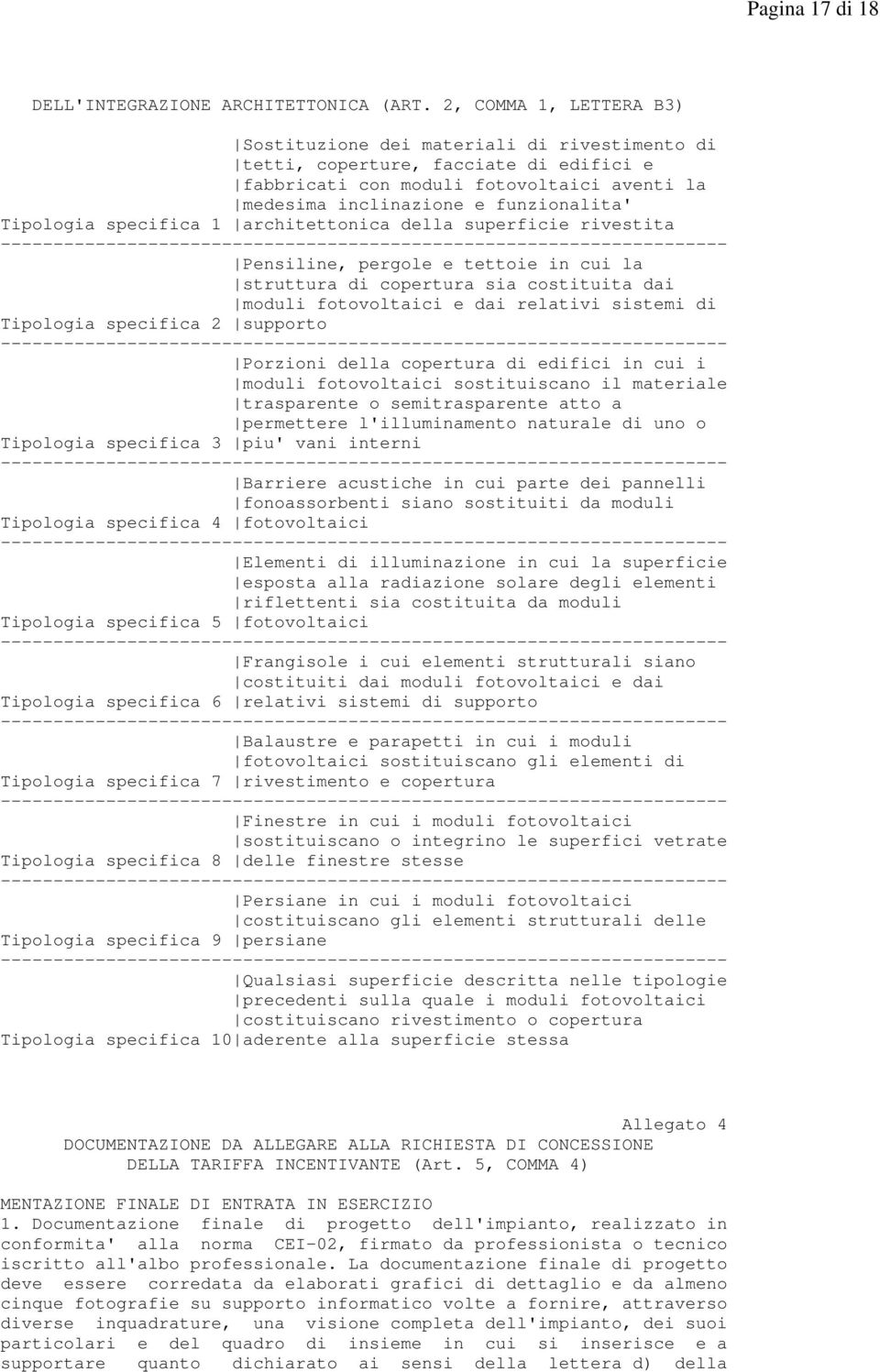 Tipologia specifica 1 architettonica della superficie rivestita Pensiline, pergole e tettoie in cui la struttura di copertura sia costituita dai moduli fotovoltaici e dai relativi sistemi di