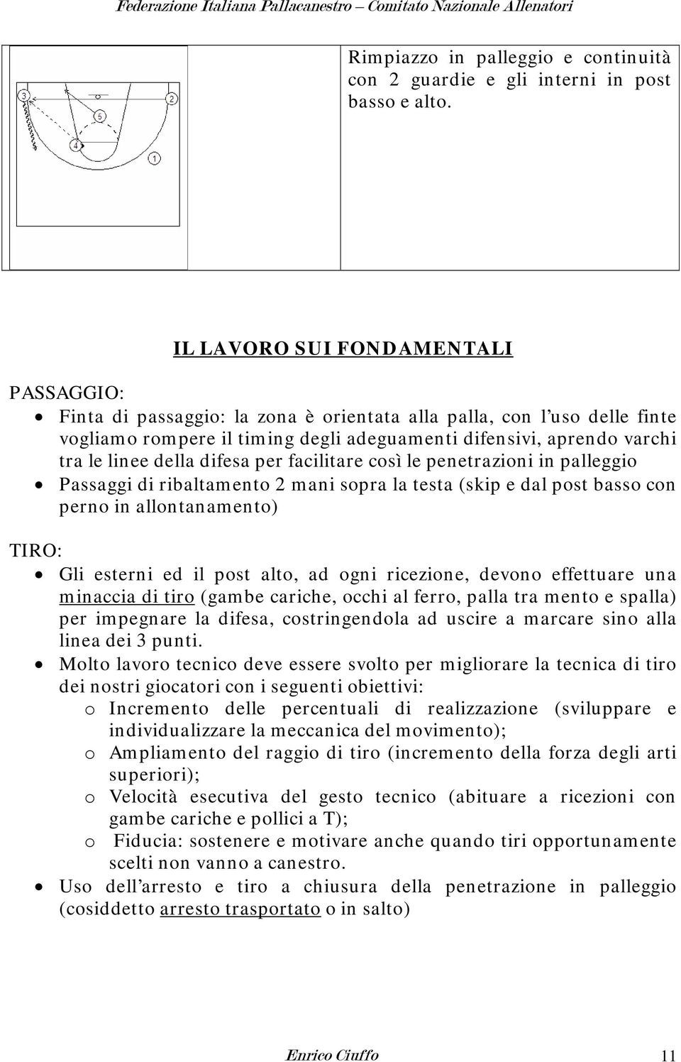 della difesa per facilitare così le penetrazioni in palleggio Passaggi di ribaltamento 2 mani sopra la testa (skip e dal post basso con perno in allontanamento) TIRO: Gli esterni ed il post alto, ad