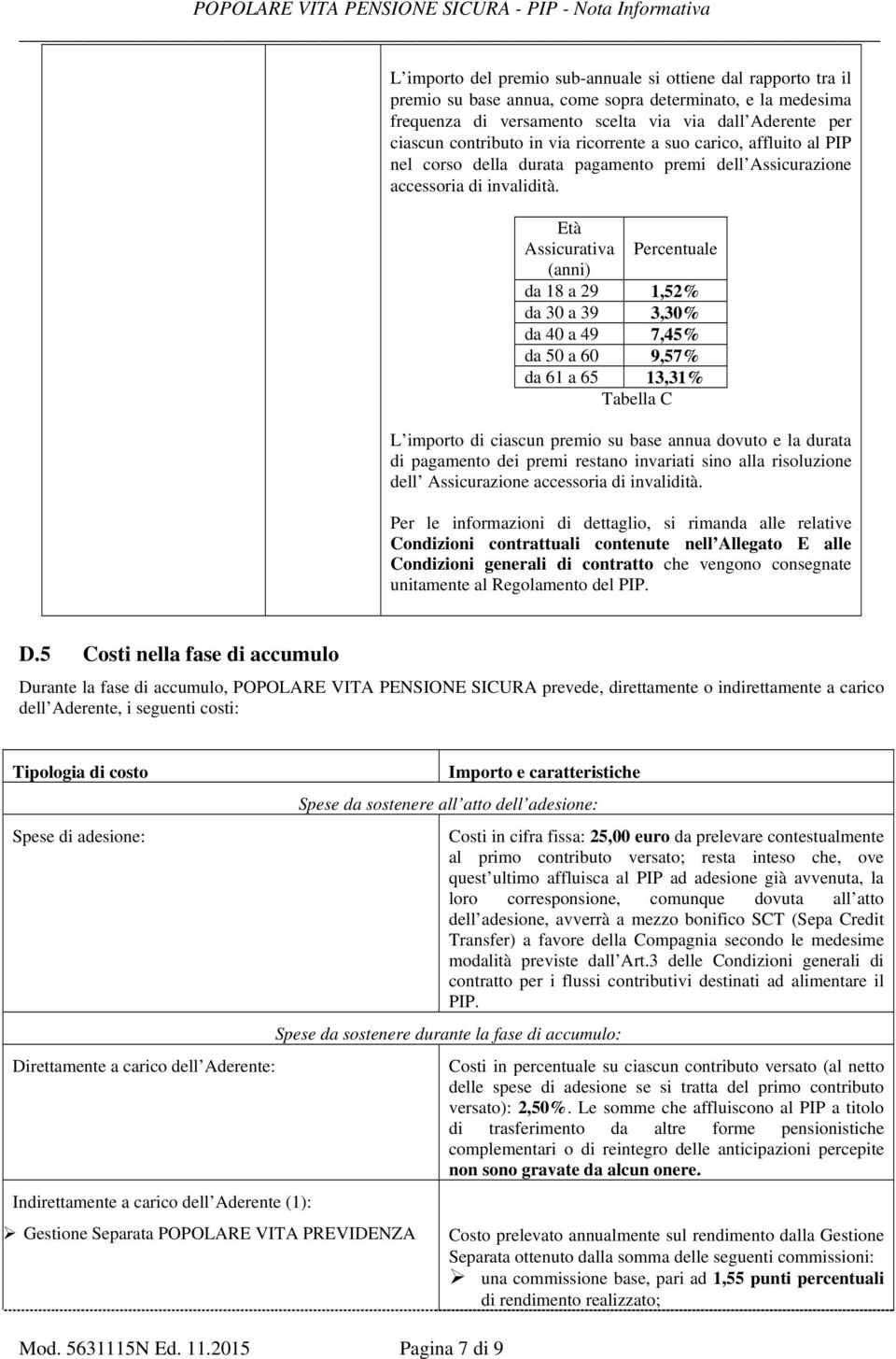 Età Assicurativa Percentuale (anni) da 18 a 29 1,52% da 30 a 39 3,30% da 40 a 49 7,45% da 50 a 60 9,57% da 61 a 65 13,31% Tabella C L importo di ciascun premio su base annua dovuto e la durata di