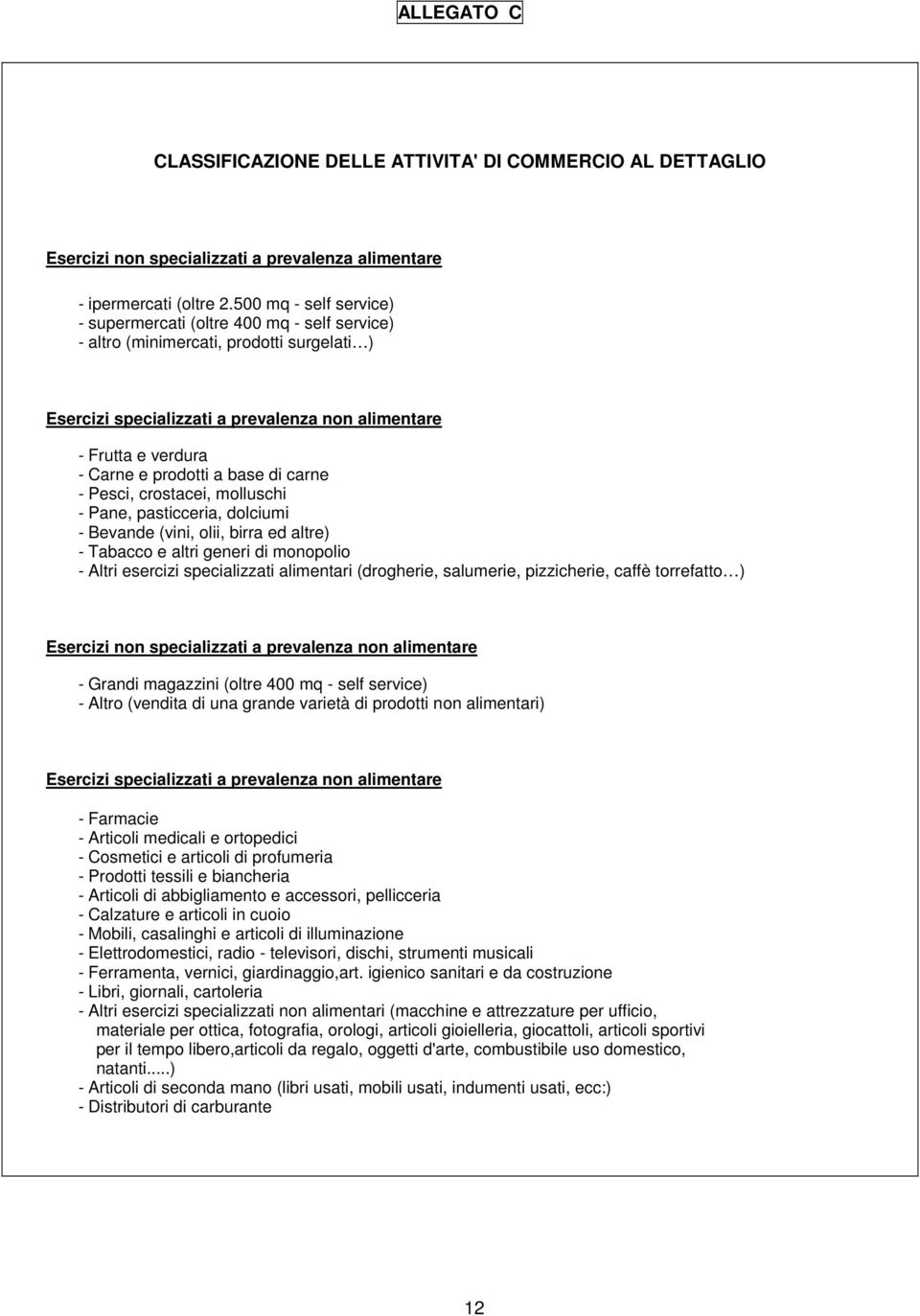 a base di carne - Pesci, crostacei, molluschi - Pane, pasticceria, dolciumi - Bevande (vini, olii, birra ed altre) - Tabacco e altri generi di monopolio - Altri esercizi specializzati alimentari