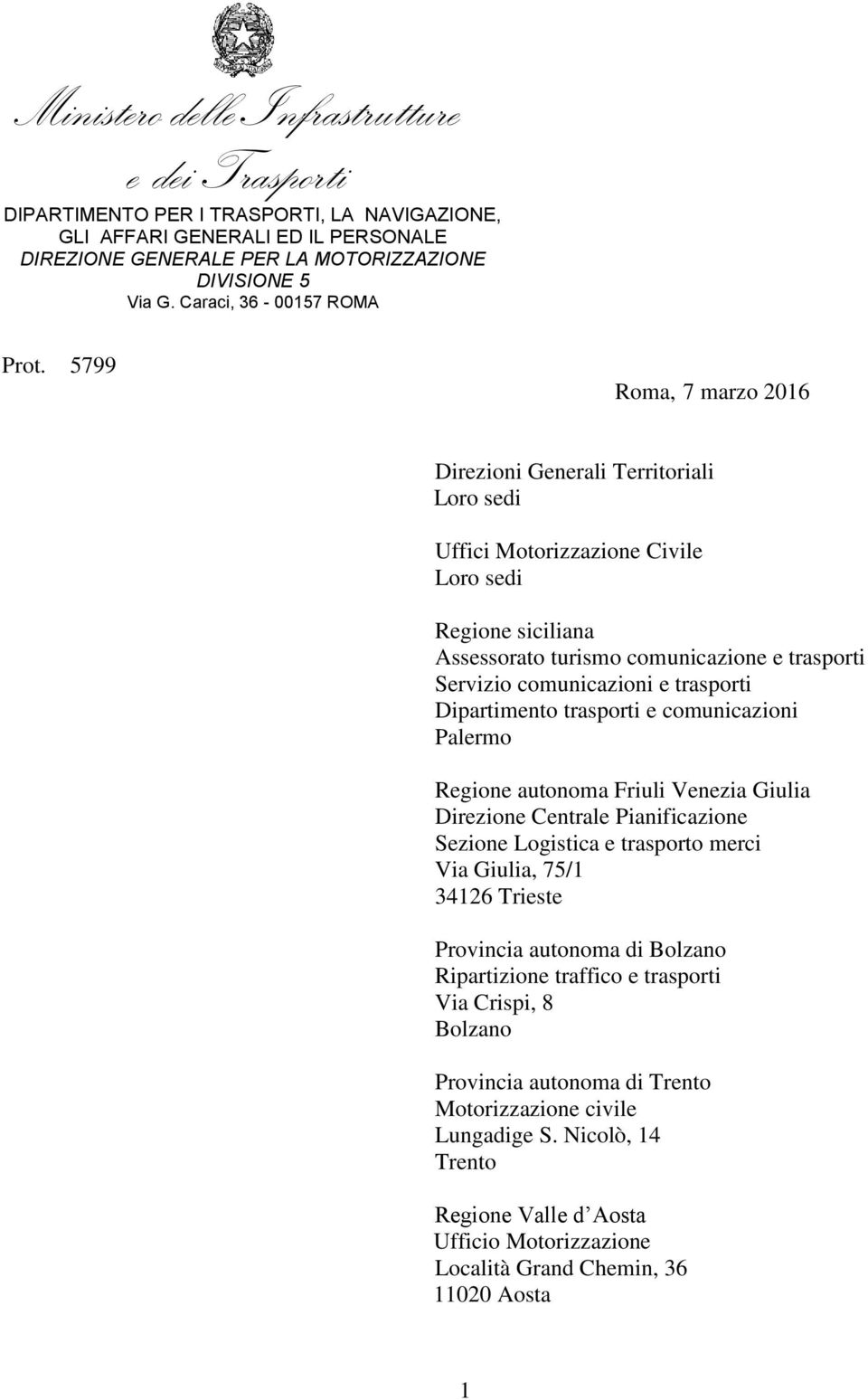 5799 Roma, 7 marzo 2016 Direzioni Generali Territoriali Loro sedi Uffici Motorizzazione Civile Loro sedi Regione siciliana Assessorato turismo comunicazione e trasporti Servizio comunicazioni e