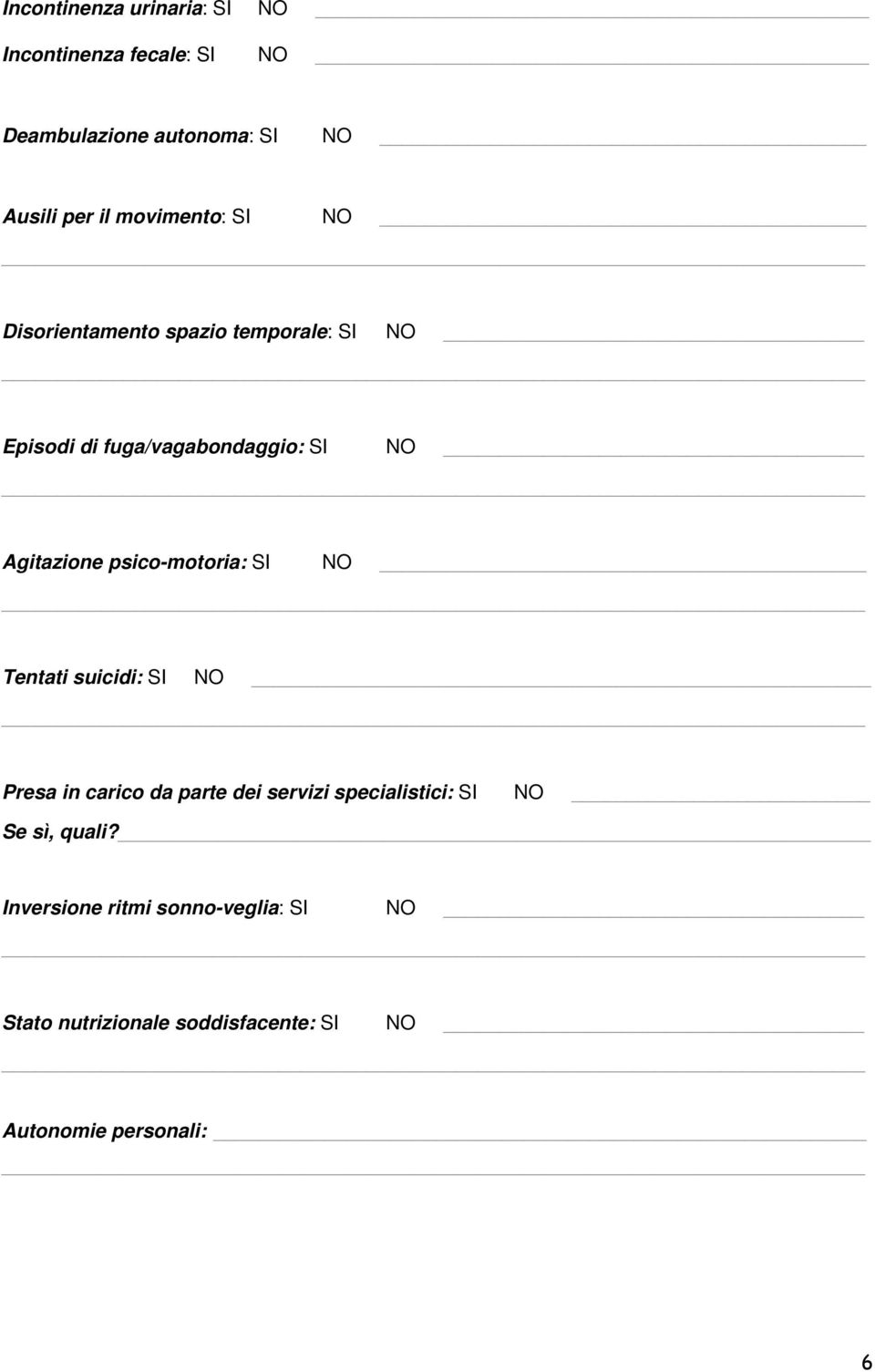 psico-motoria: SI NO Tentati suicidi: SI NO Presa in carico da parte dei servizi specialistici: SI NO Se